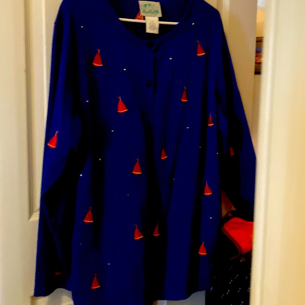 Navy Nautical sailboat w/rhinestones. lightweight cotton jacket/sweater.